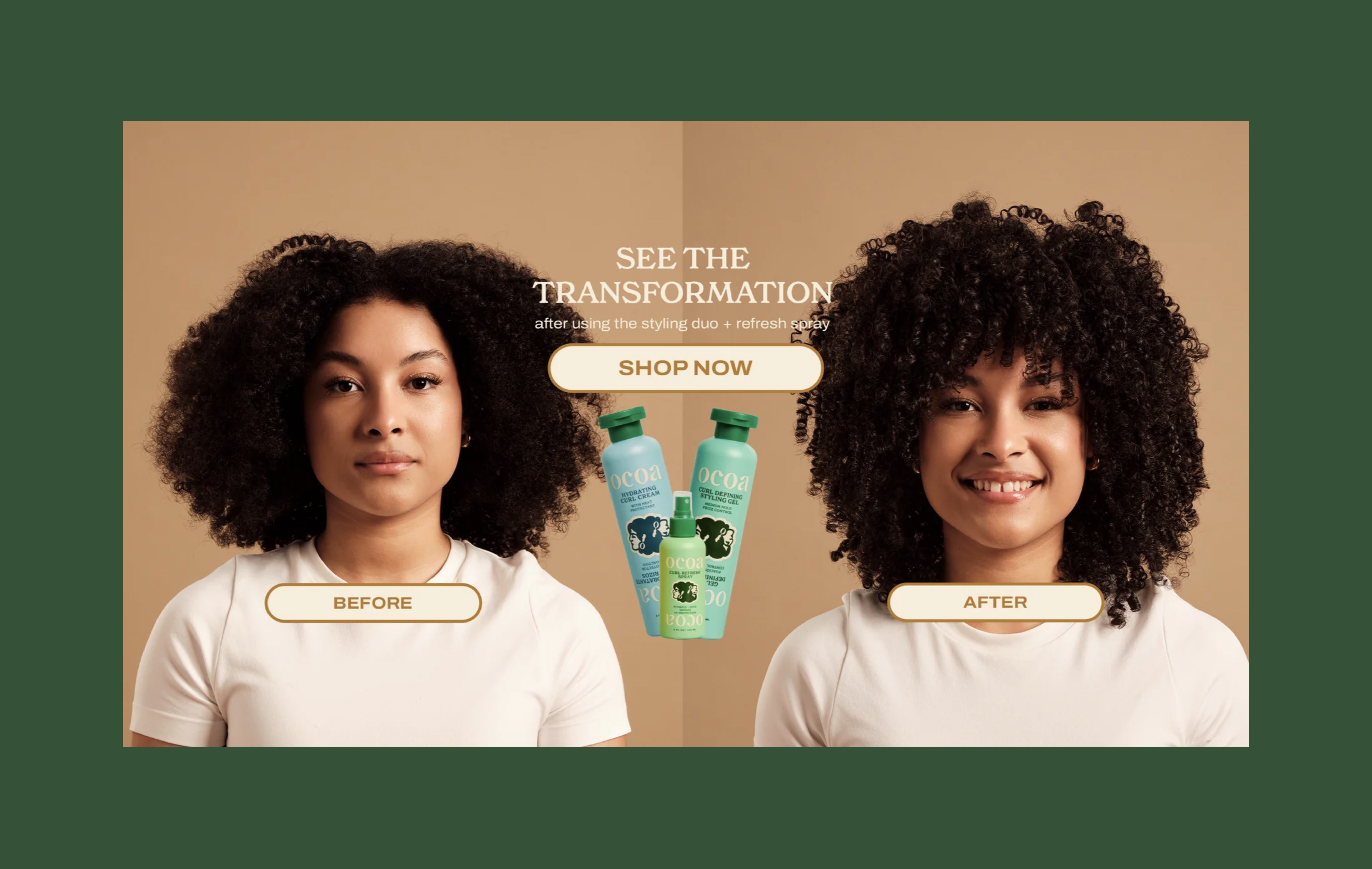 Ocoa homepage showing hair transformation before-and-after in hero section