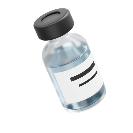 A vial of medication with a black lid, standing upright against a plain background.