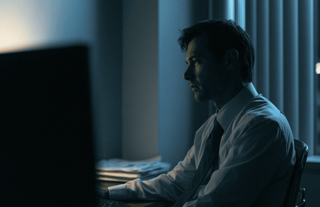 Homem concentrado trabalhando no computador no escritório à noite sob luz fria. Blog post da Inspira sobre Agentes.
