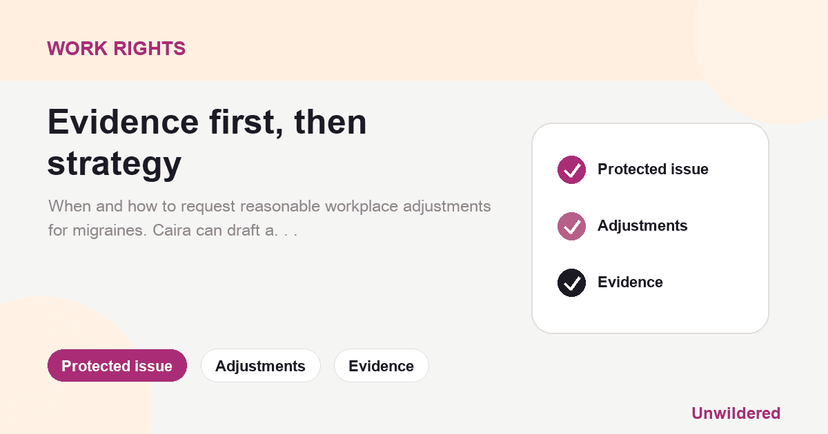 Explainer card for Migraines: Request reasonable workplace adjustments UK: Protected issue, Adjustments, Evidence.