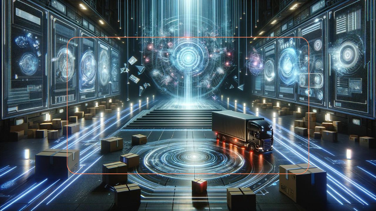 Futuristic warehouse with glowing digital interfaces, packages, and an automated truck