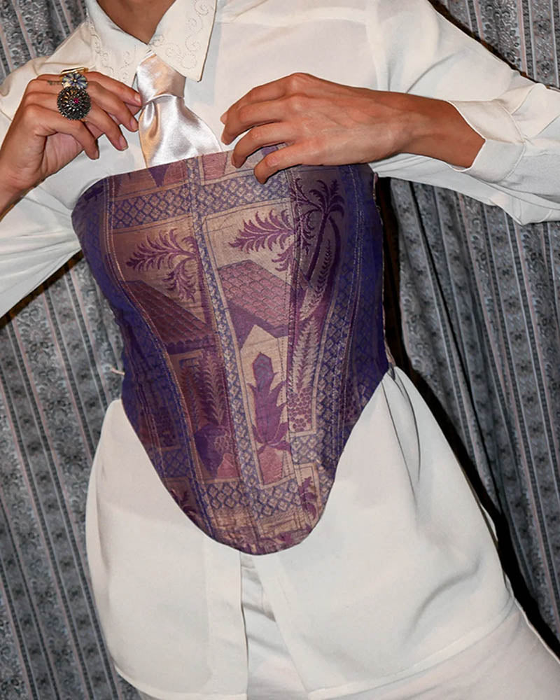 Falak II purple silk tube corset, handcrafted from vintage silk saree with delicate motifs and lace-up back.