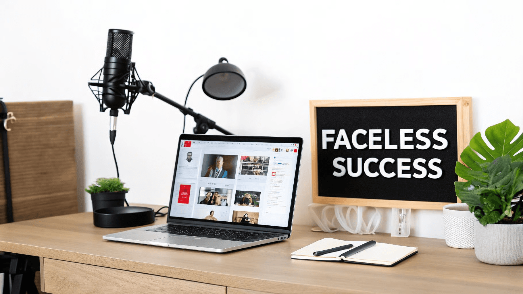 Desk setup features faceless success sign - Faceless YouTube Channel Content Ideas