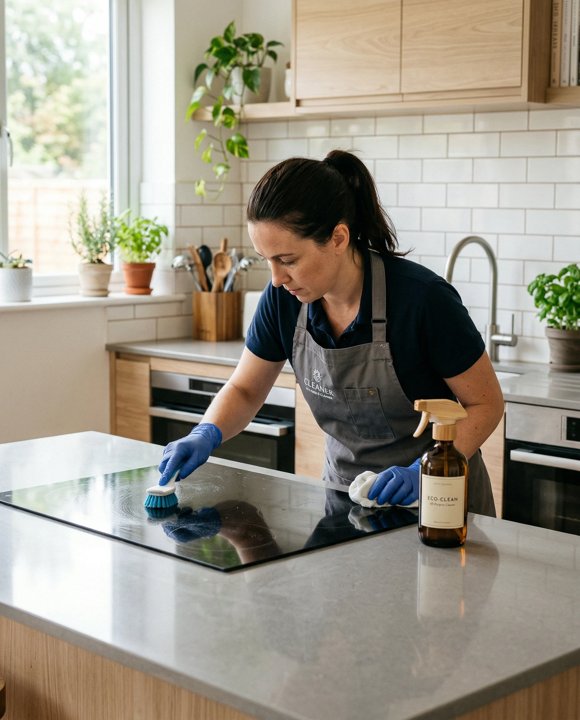 Woman in gloves cleaning a kitchen countertop with a brush and cloth.