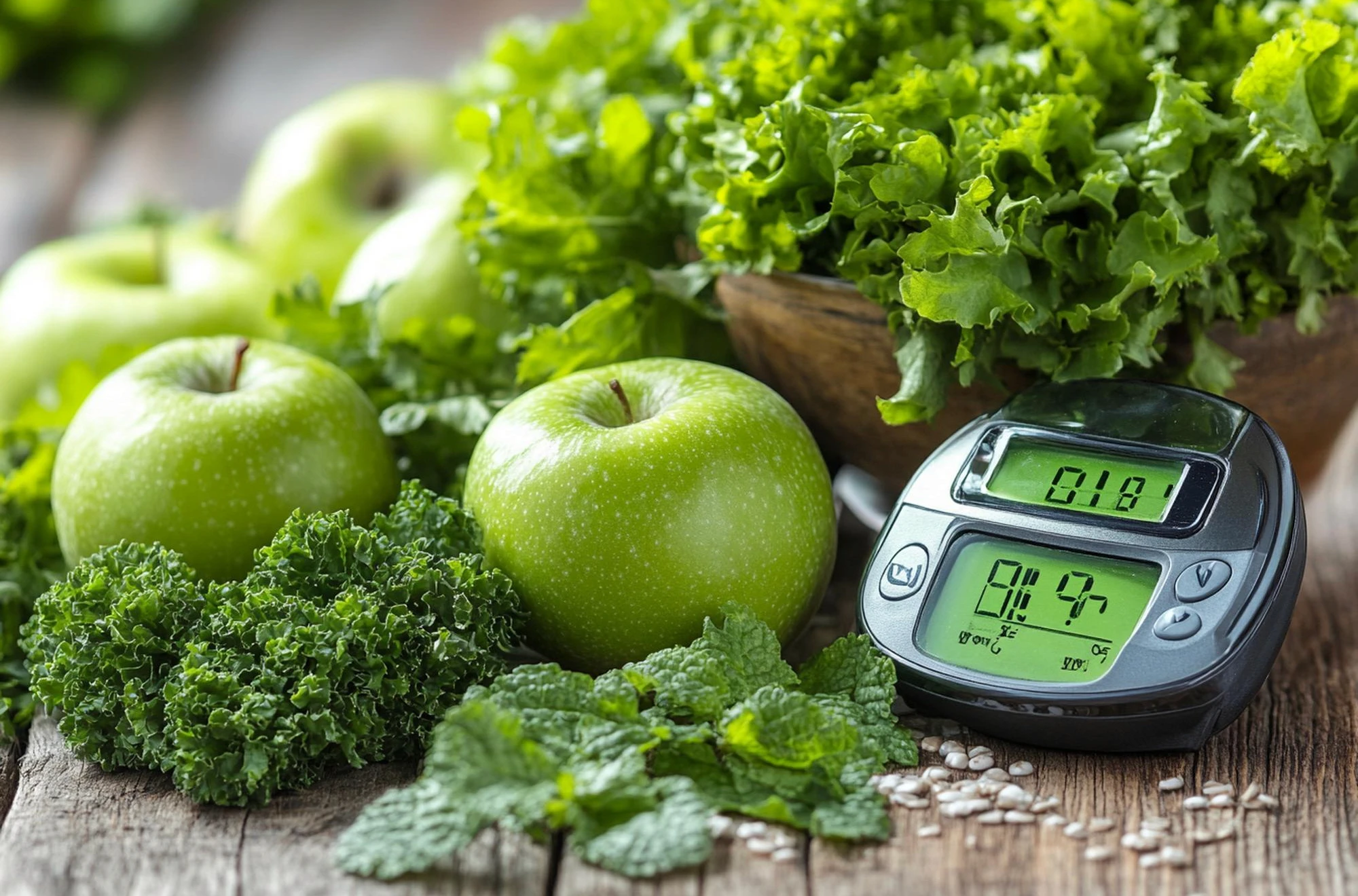 Fresh vegetables next to a digital kitchen scale, highlighting master recipe tracking for nutrition goals with Caloric