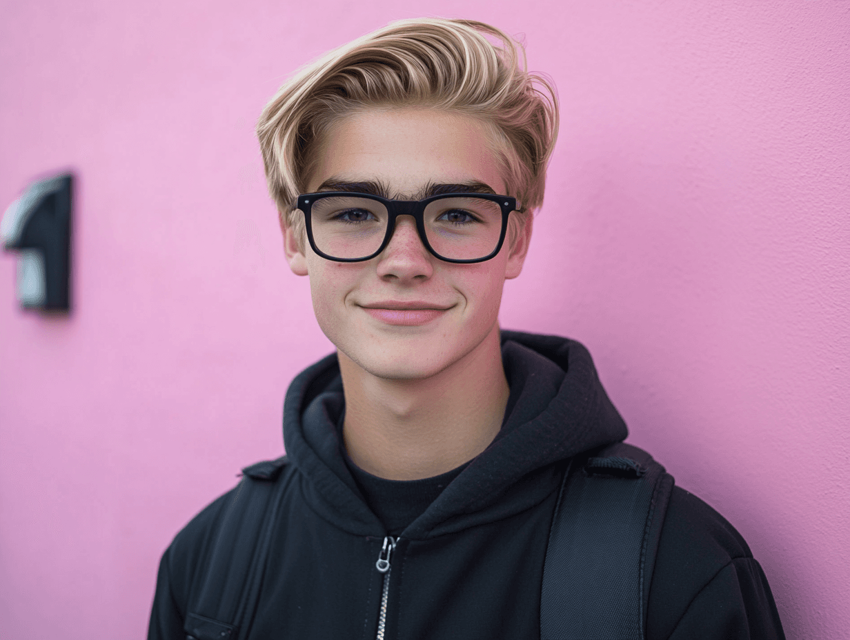 Young man with glasses and short blonde hair smiling at the camera