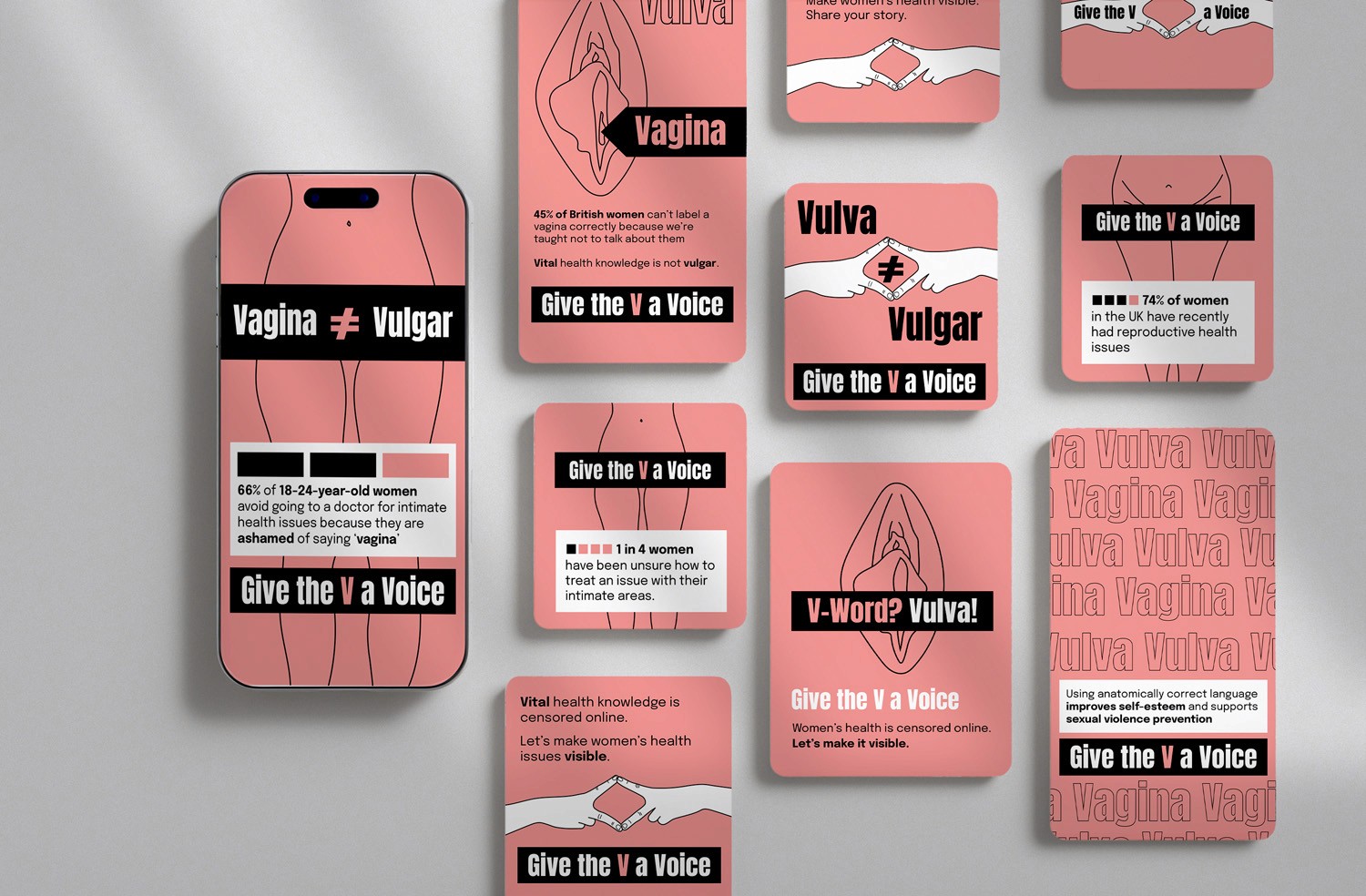 Mockup of various social media posts about womens health censorship