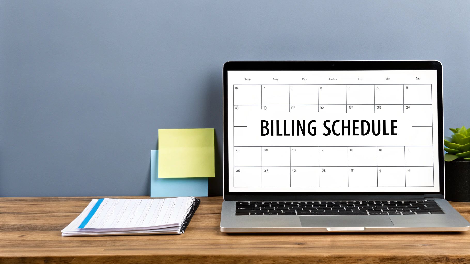 Laptop screen showing a 'BILLING SCHEDULE' calendar on a wooden desk with sticky notes and a notebook.