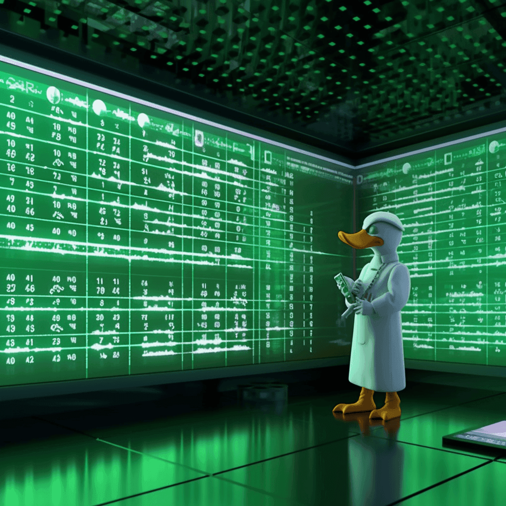 Midjourney: duck in a scientist white gown, looking at the chart, in a sci-fi room with matrix style walls, with green fluorescent characters all over the walls, 3d rendered animation style, with happy upbeat colors