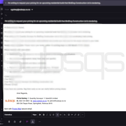 screenshot of Proton Mail application showing blurred out email as request for pricing to subcontractors by SubsQS Ltd