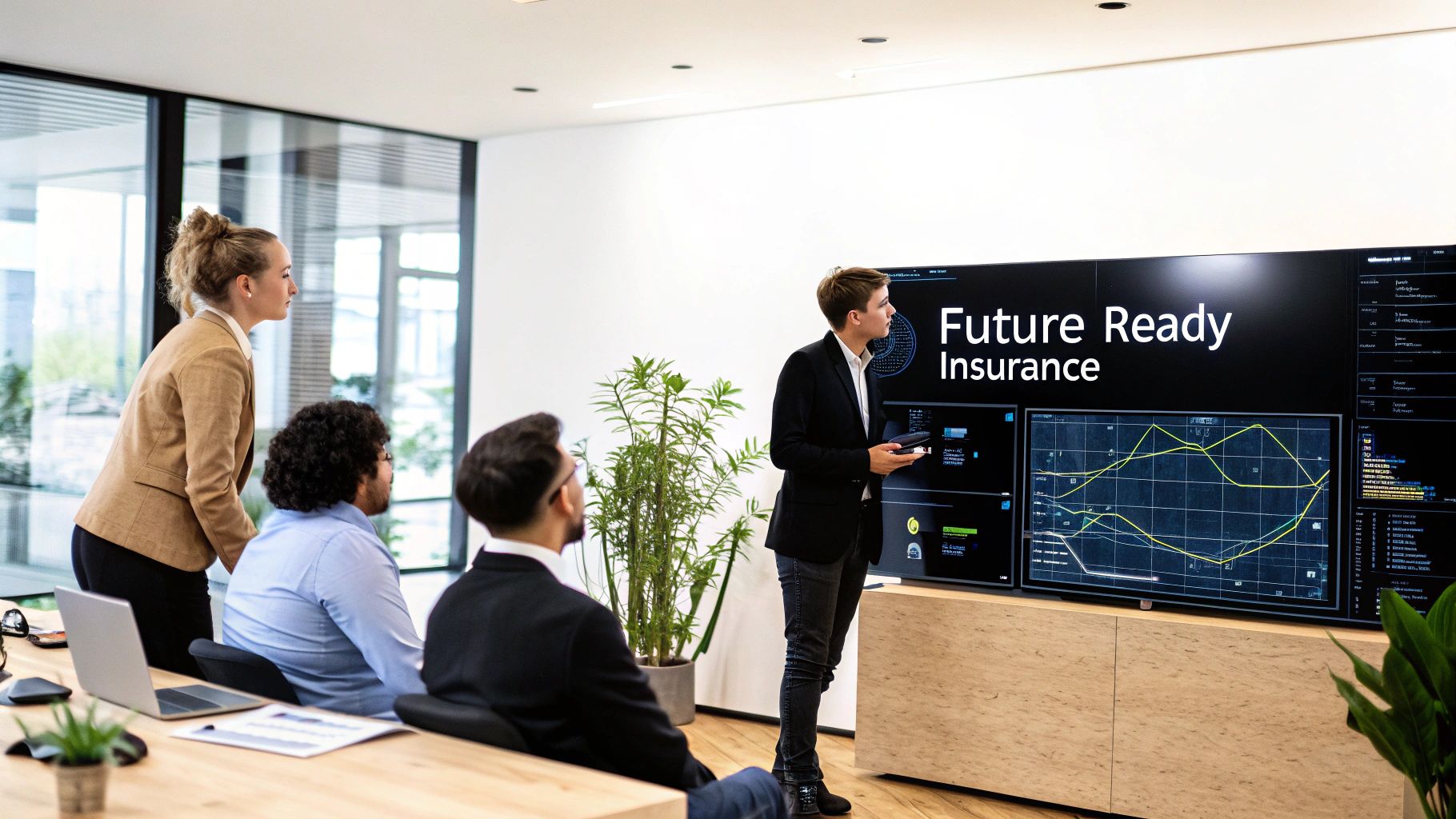 A man presents 'Future Ready Insurance' software data on a large screen to colleagues in a modern office.