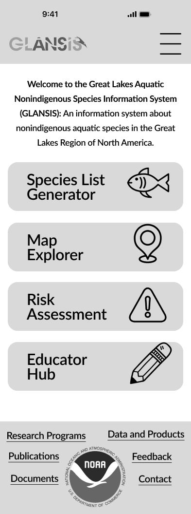 My first wireframe for the GLANSIS homepage redesign