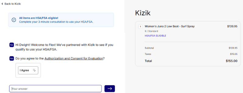 Kizik checkout LMN with Flex