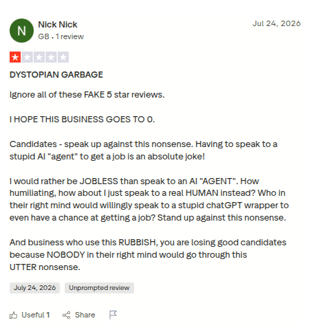 1-star Jack and Jill review objecting to speaking with an AI agent