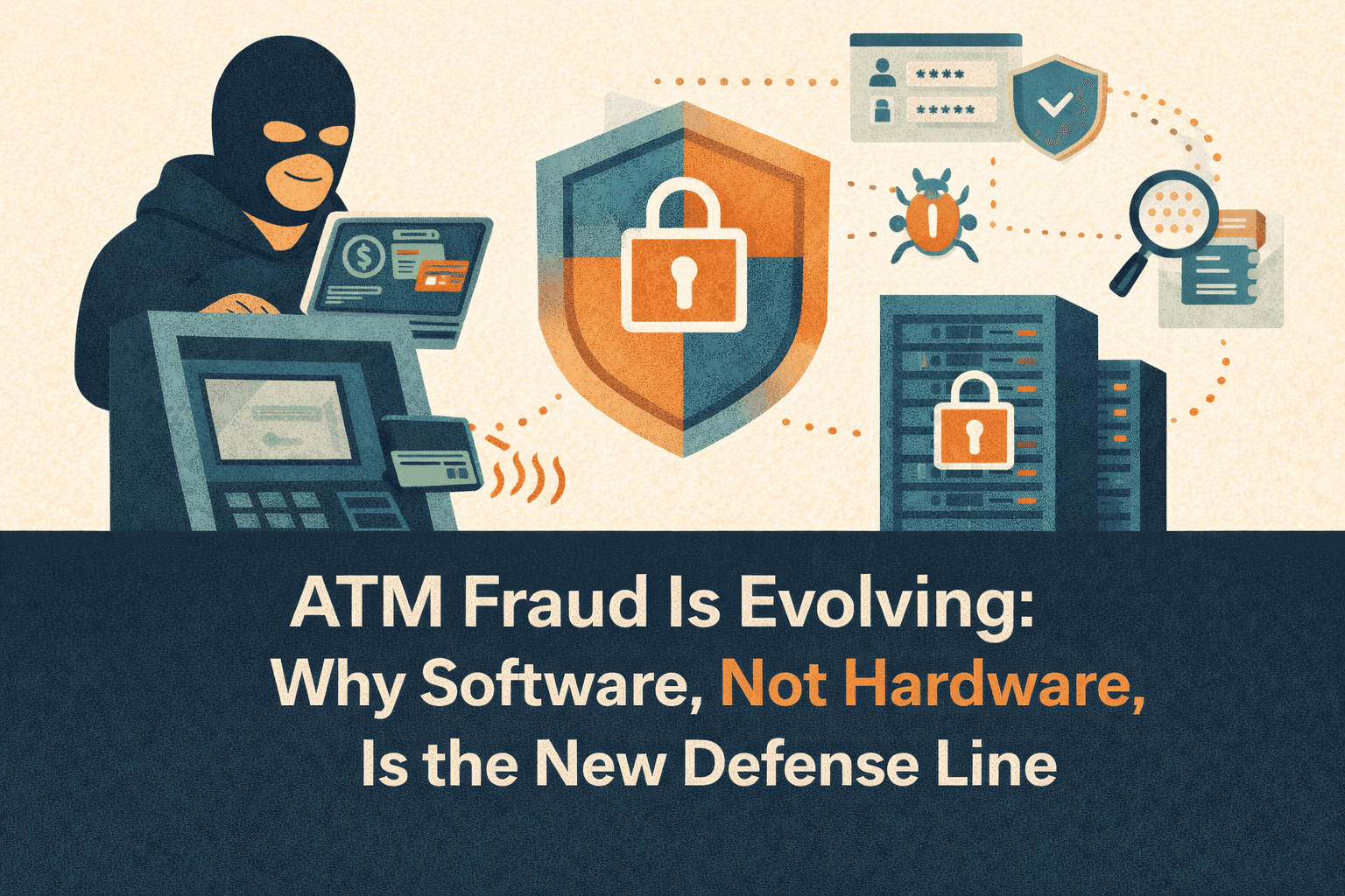 Flat-style digital illustration showing a masked attacker tampering with an ATM while software-based security elements surround the scene. A large shield with a lock symbolizes digital protection, and icons representing credentials, malware detection, monitoring, and secure servers emphasize software-driven defense. The background is light beige with navy, teal, and orange tones, and a navy-blue bar at the bottom displays the blog title in bold white text: ‘ATM Fraud Is Evolving: Why Software, Not Hardware, Is the New Defense Line’.