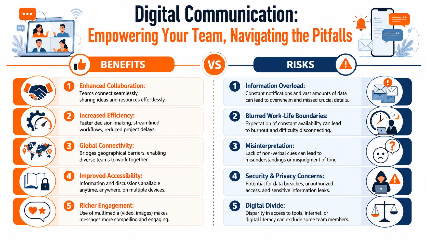 An infographic comparing the benefits and risks of digital communication for remote teams in the workplace.