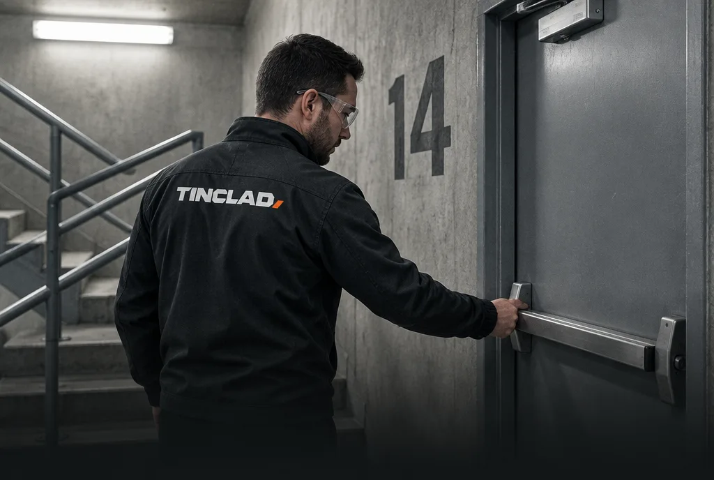 Tinclad technician testing a stair door in an office building.