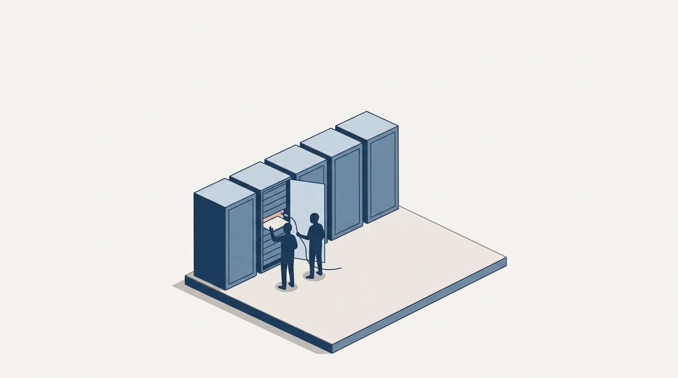 Isometrische Illustration eines Serverraums, in dessen Schrankreihe eine breite leere Stellfläche klafft: zwischen Pilot und Produktion liegt der Prozess.
