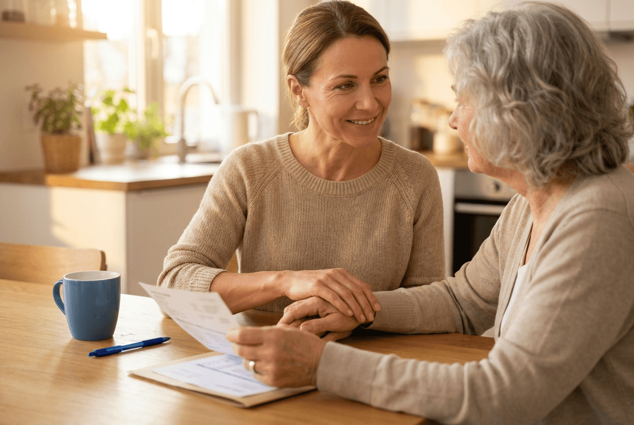 An adult and their mother discussing their credit score