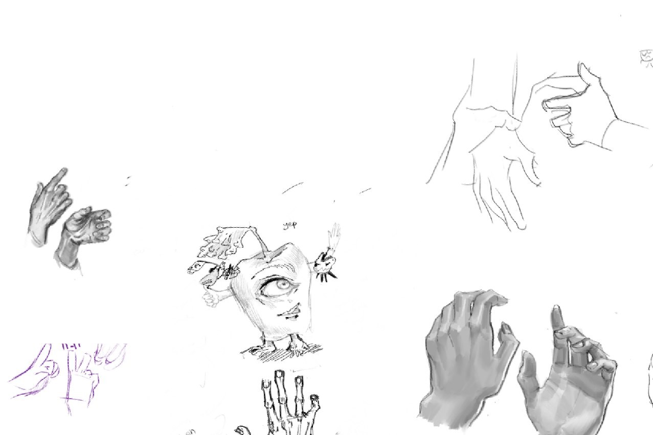 Part of the "hands" canvas (a written comment is left out). The outlined sketch is the two grey hands further down.