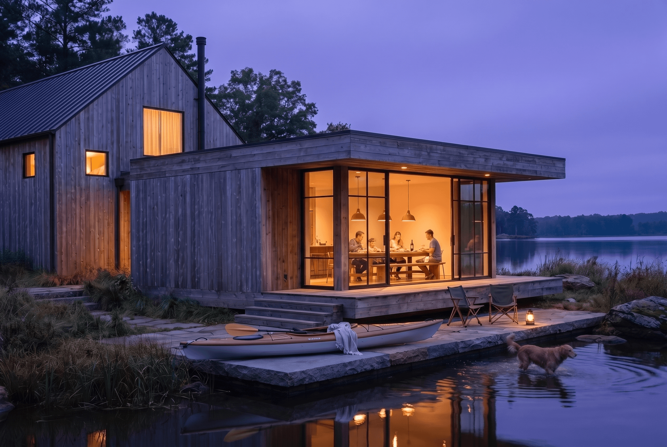 Lakeside house rendering at dusk