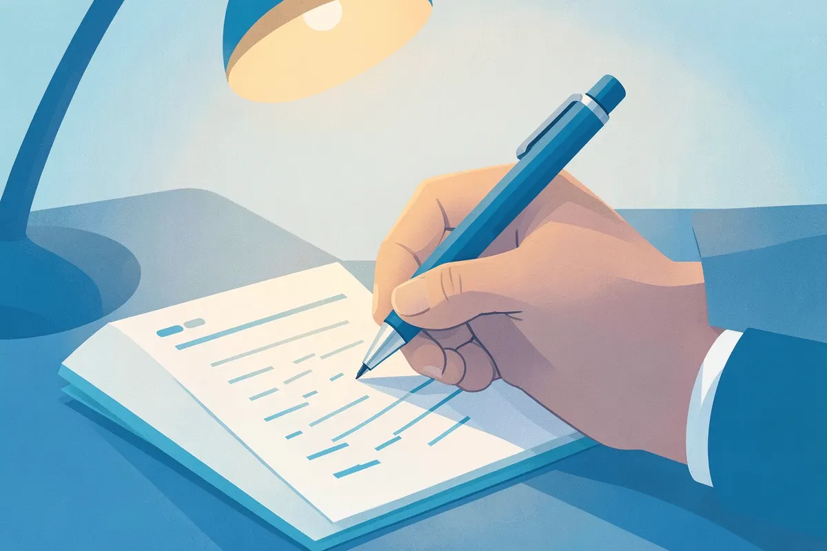 A doctor writing notes in a patient's file, representing content marketing in healthcare.