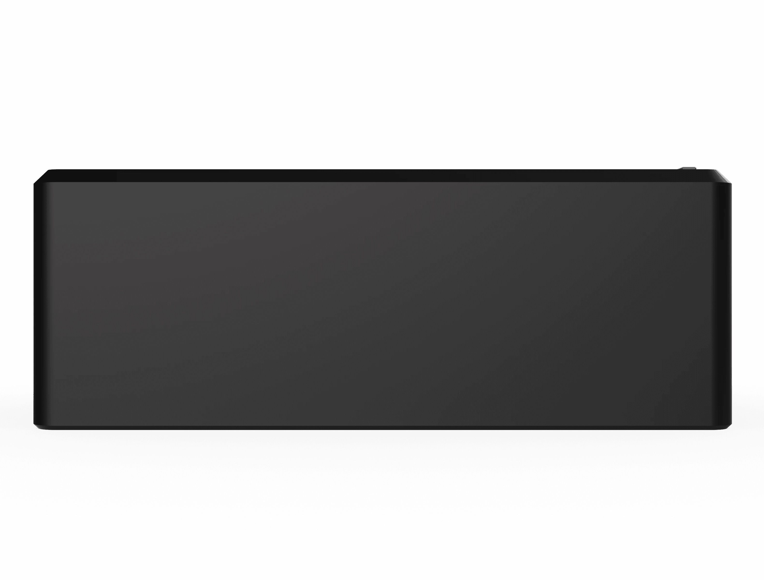 Long Side view of the Riff MIDI Link control station in matte black plastic, on a transparent background.