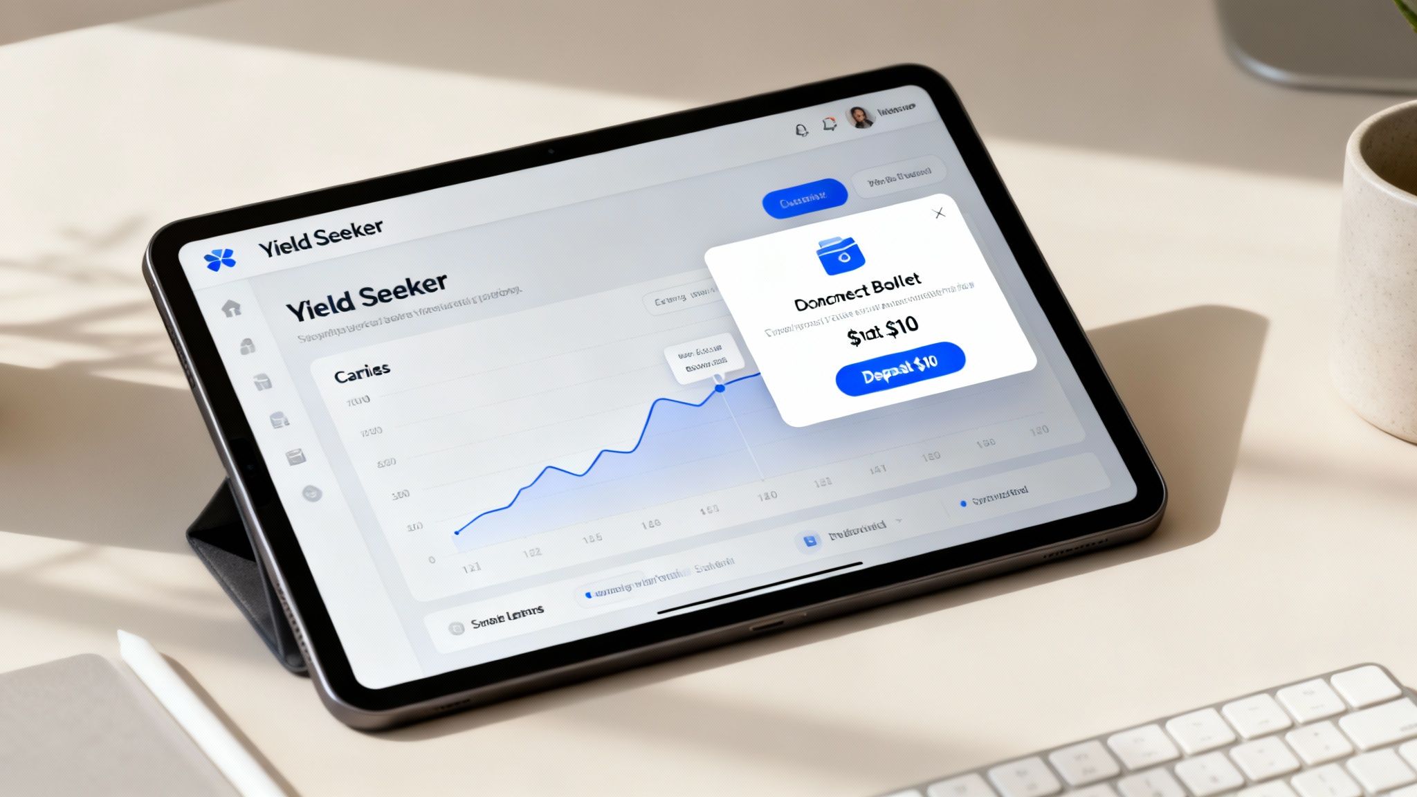 An iPad displays a 'Yield Seeker' crypto earnings optimizer app with a line graph and a deposit pop-up.