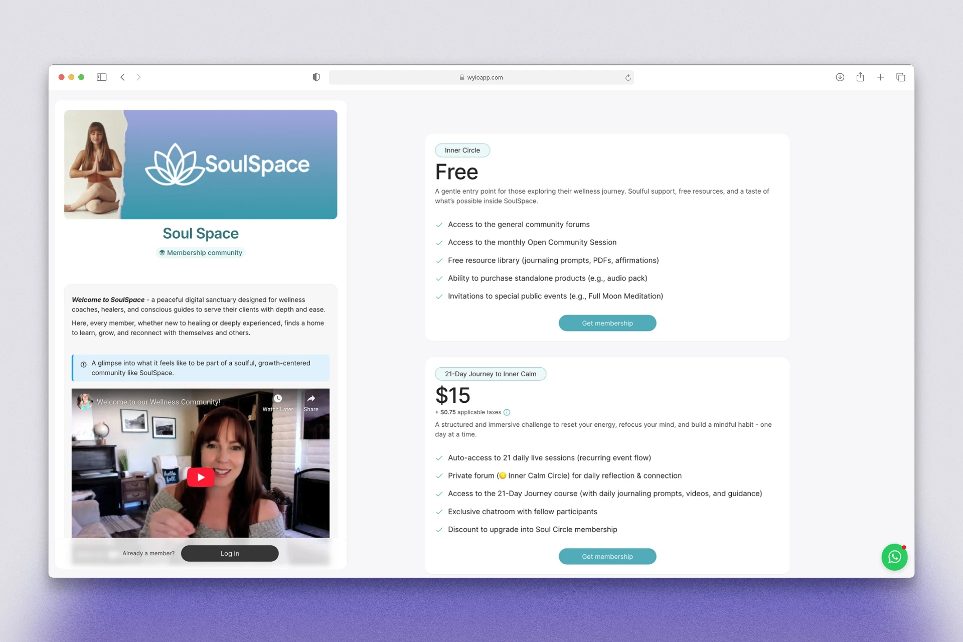 Membership page with free and $15 coaching plans showing benefits and join buttons.