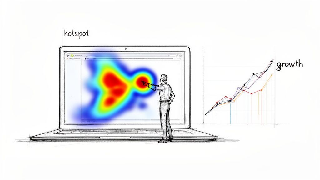 A person points to a digital heatmap on a laptop screen, next to a rising growth chart.