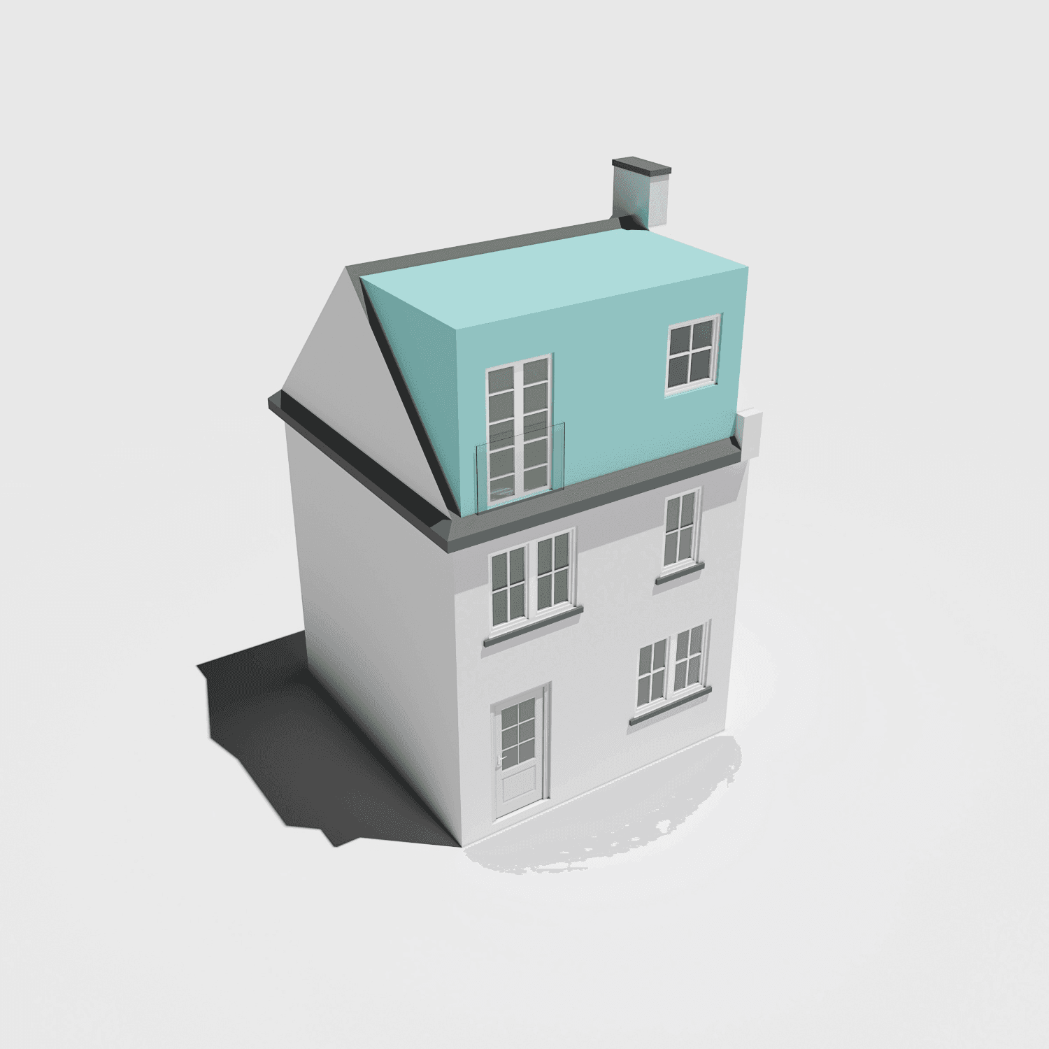 A 3D model of a South London house with a hip-to-gable loft conversion with a blue roof, designed by a loft builder company.	