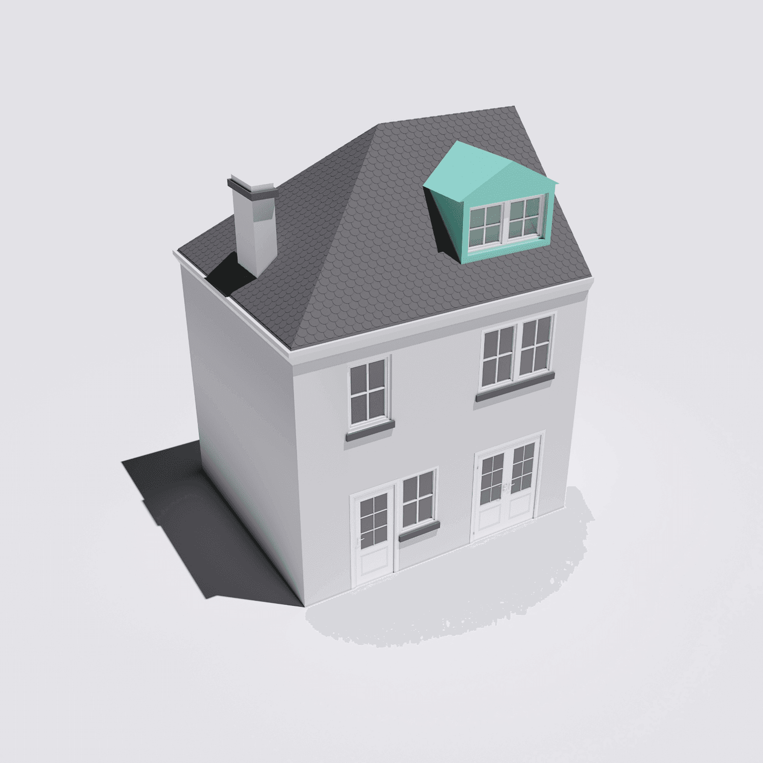 A 3D model of a house with a cottage dormer loft conversion in South East London with a green roof.	