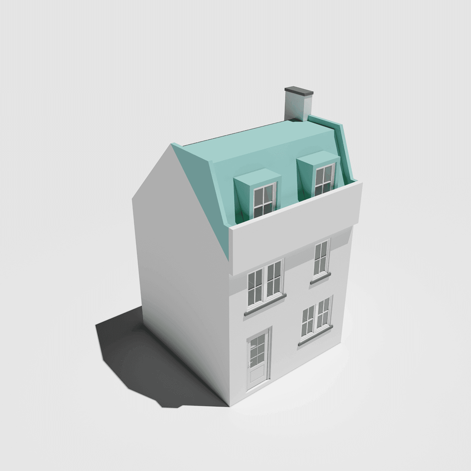 A 3D model of a house with a mansard loft conversion with a green roof located in South West London.	