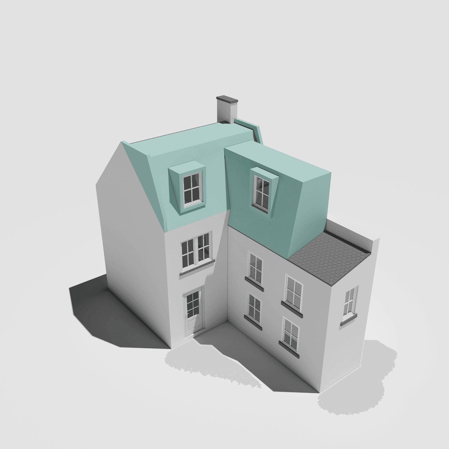 A 3D model of a South London house with a L-Shaped Mansard Loft Conversion with a green roof, designed by a loft company.	