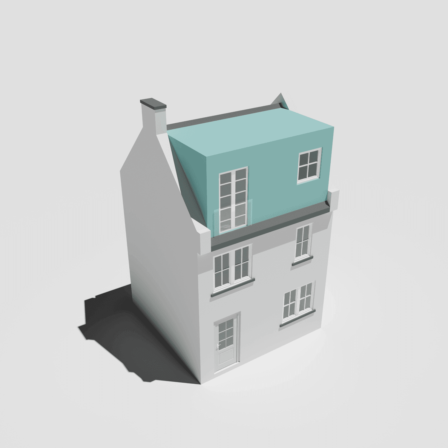 A 3D model of a South London house with a dormer loft conversion on a white background.	