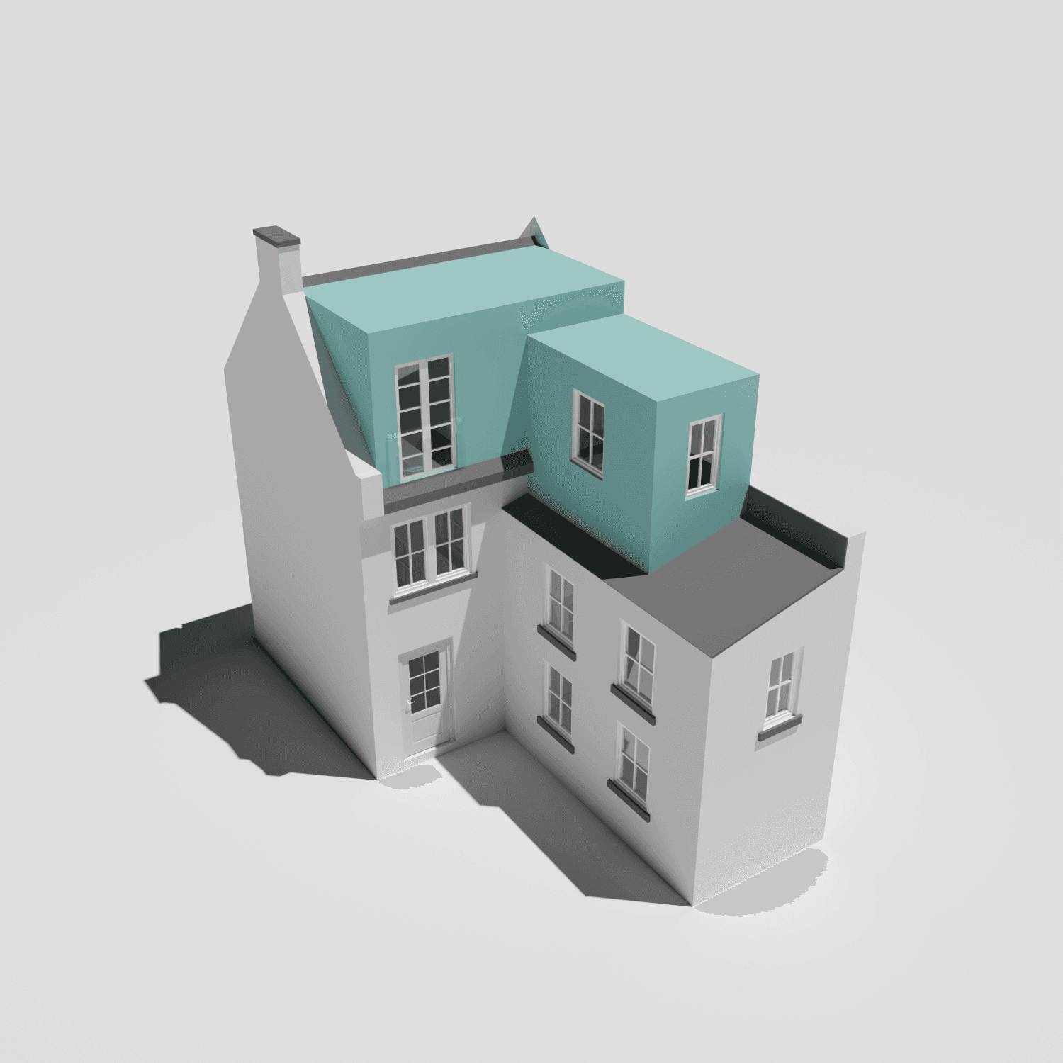 A 3D model of a house with a L-Shaped dormer loft conversion with a blue roof located in South East London.	