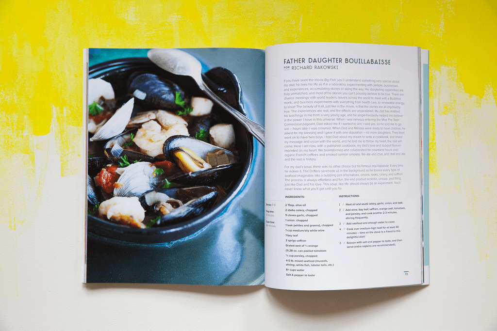 Sample recipe for Bouillabaisse with full color bowl of soup shot by Erica Gannett.