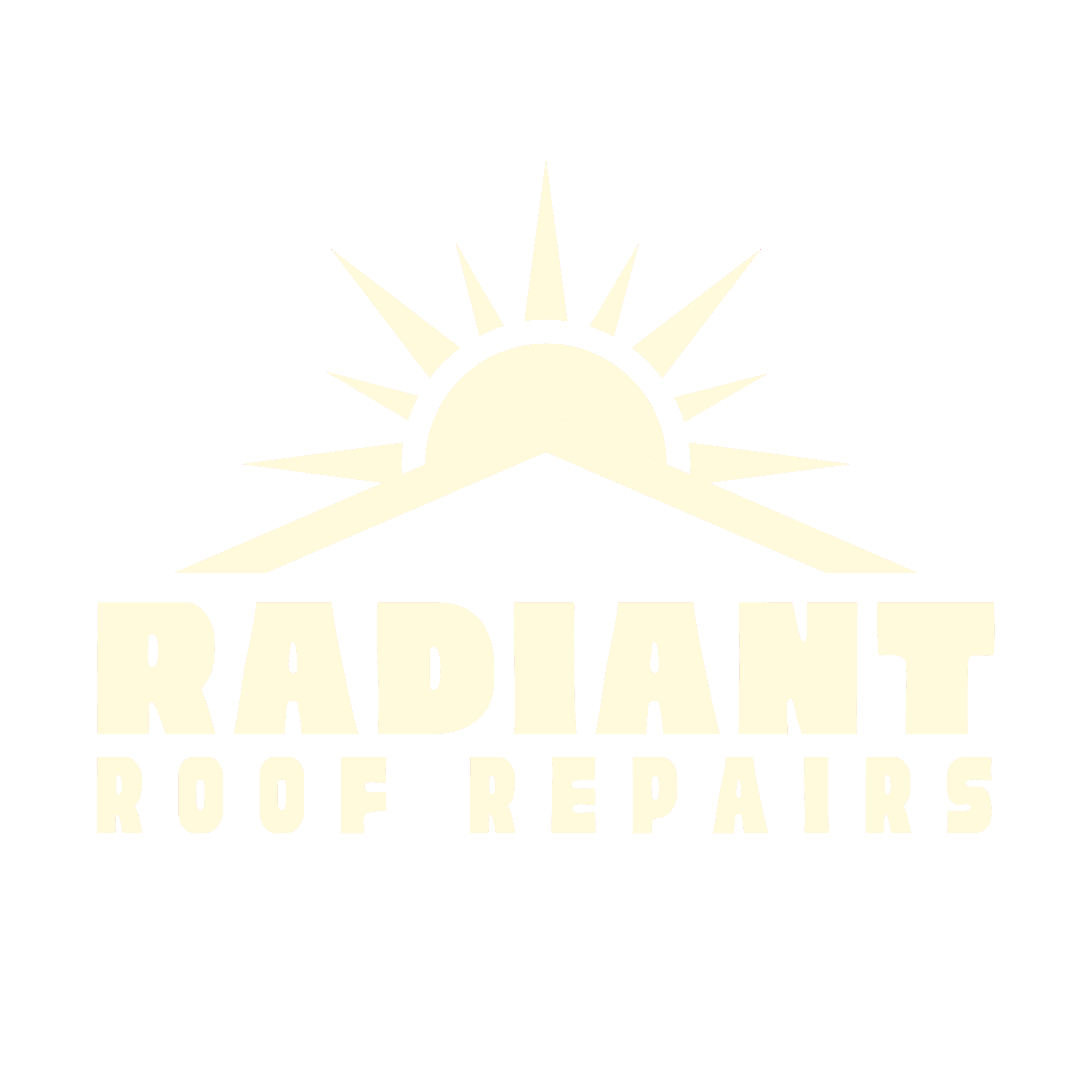 Logo for Radiant Roof Repairs: The word 'RADIANT' prominently displayed in large cream capital letters, with 'Roof Repairs' neatly aligned below in slightly smaller cream capitals. Accentuating the brand, a cream silhouette outline of a roof is showcased, with a sun radiating beams from behind it. Symbolising expert roof repair and restoration services in the Gold Coast region.