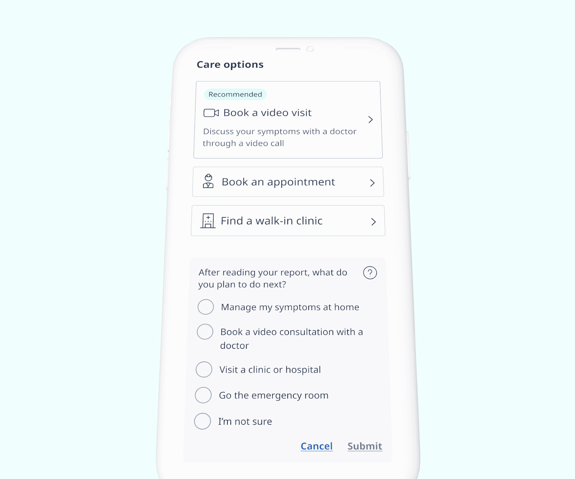 a phone mockup of the Ada Health Care Options screen