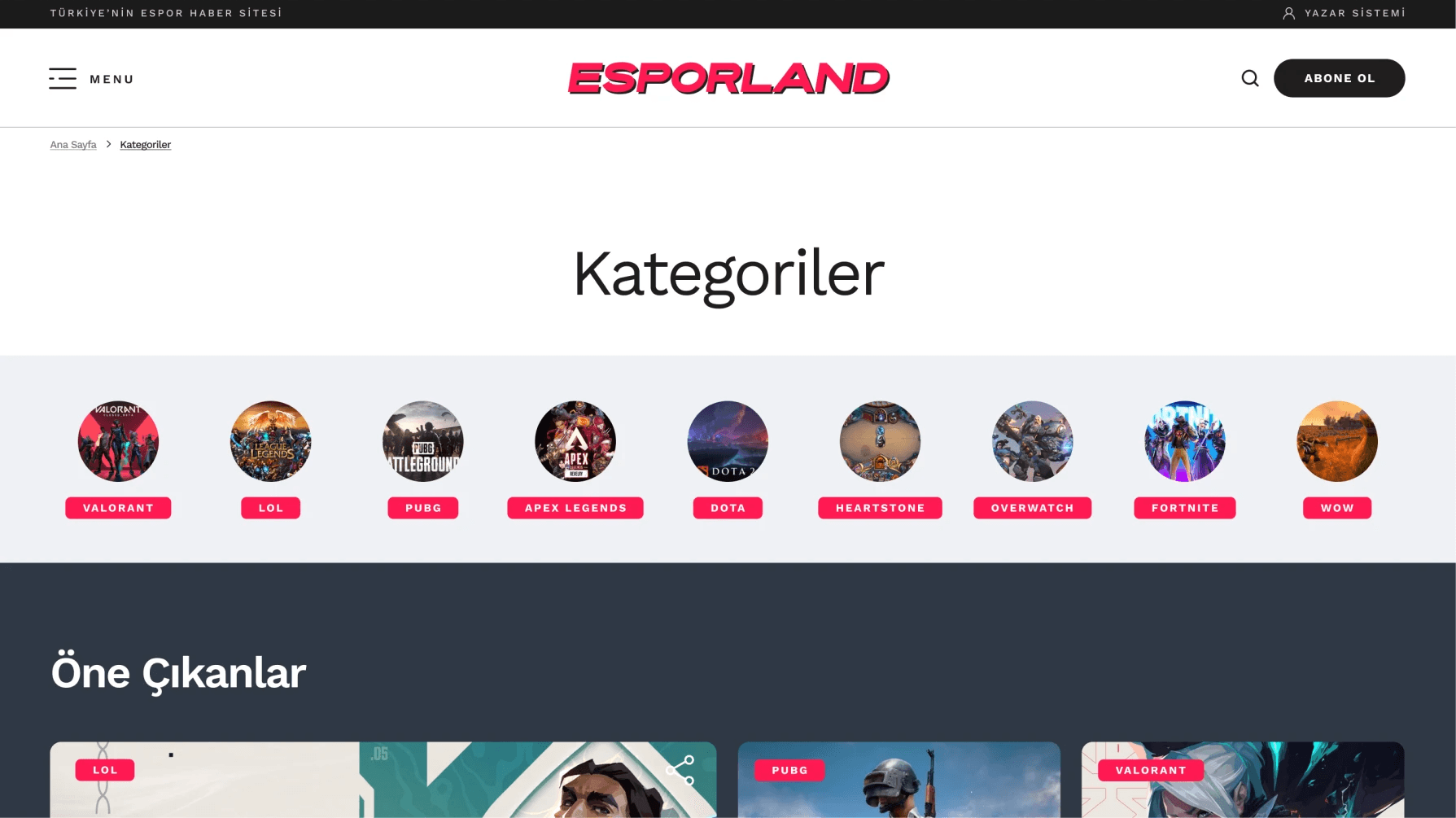 categories page of Esporland's website