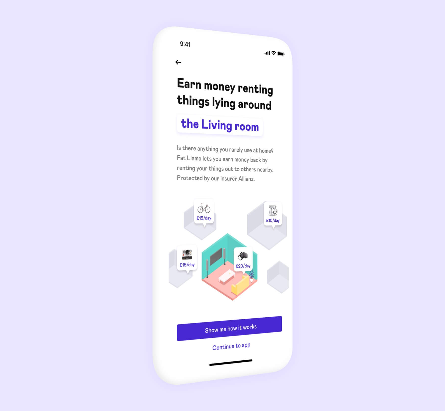 a phone mockup of the Fat Llama app during onboarding app