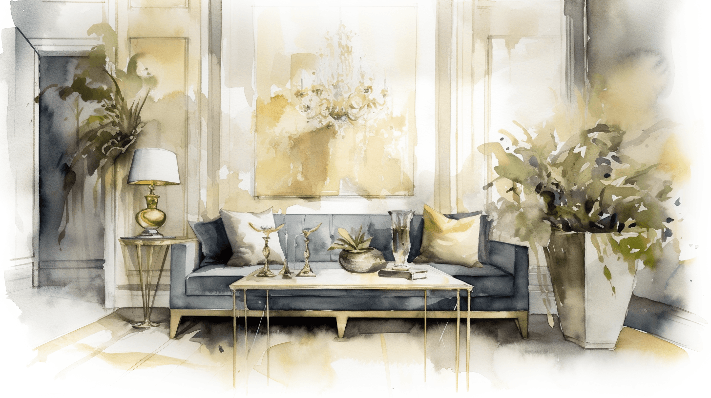 Ein Aquarell eines Wohnzimmers mit Sofas und einem Couchtisch