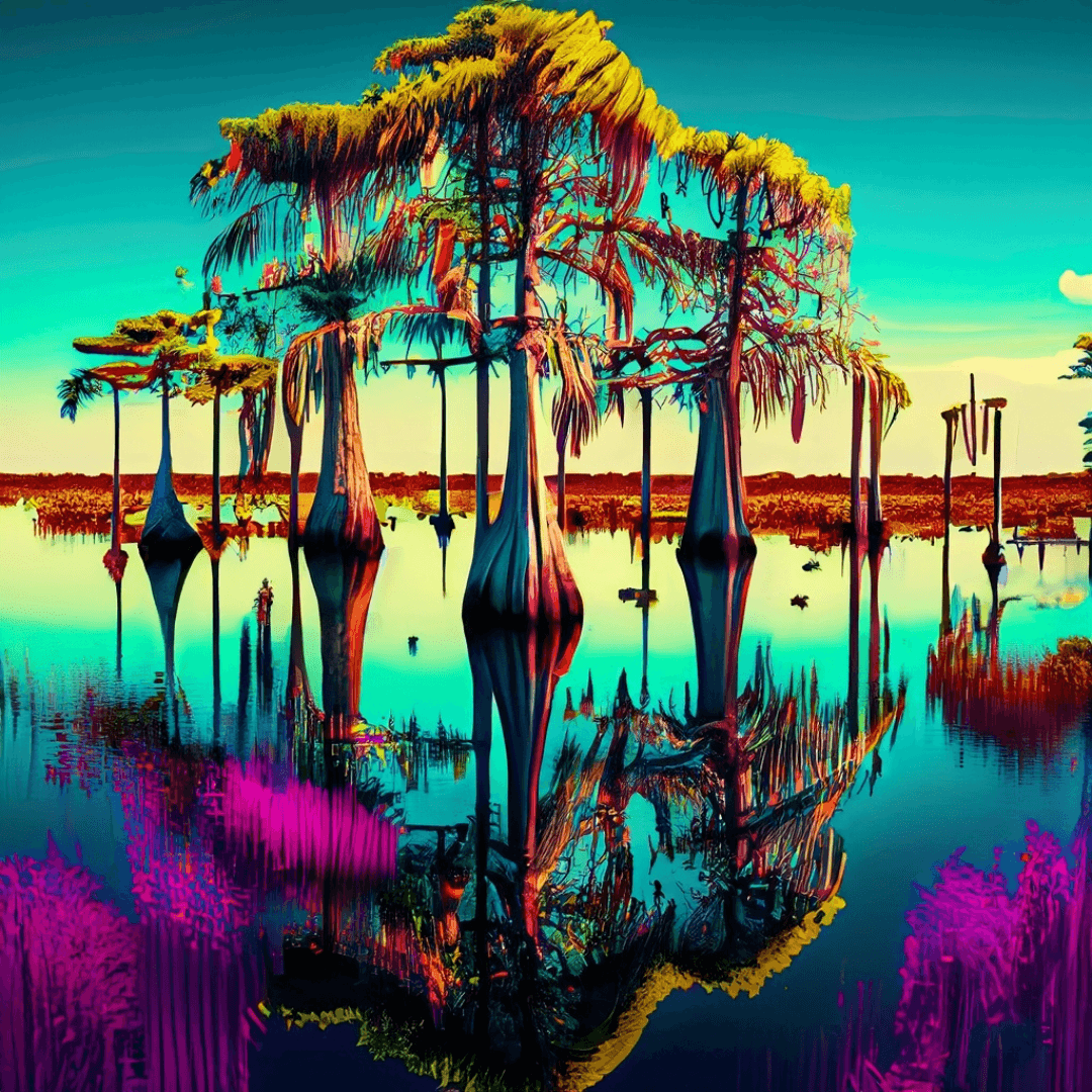 neon theme cypress trees in swamp ai artwork