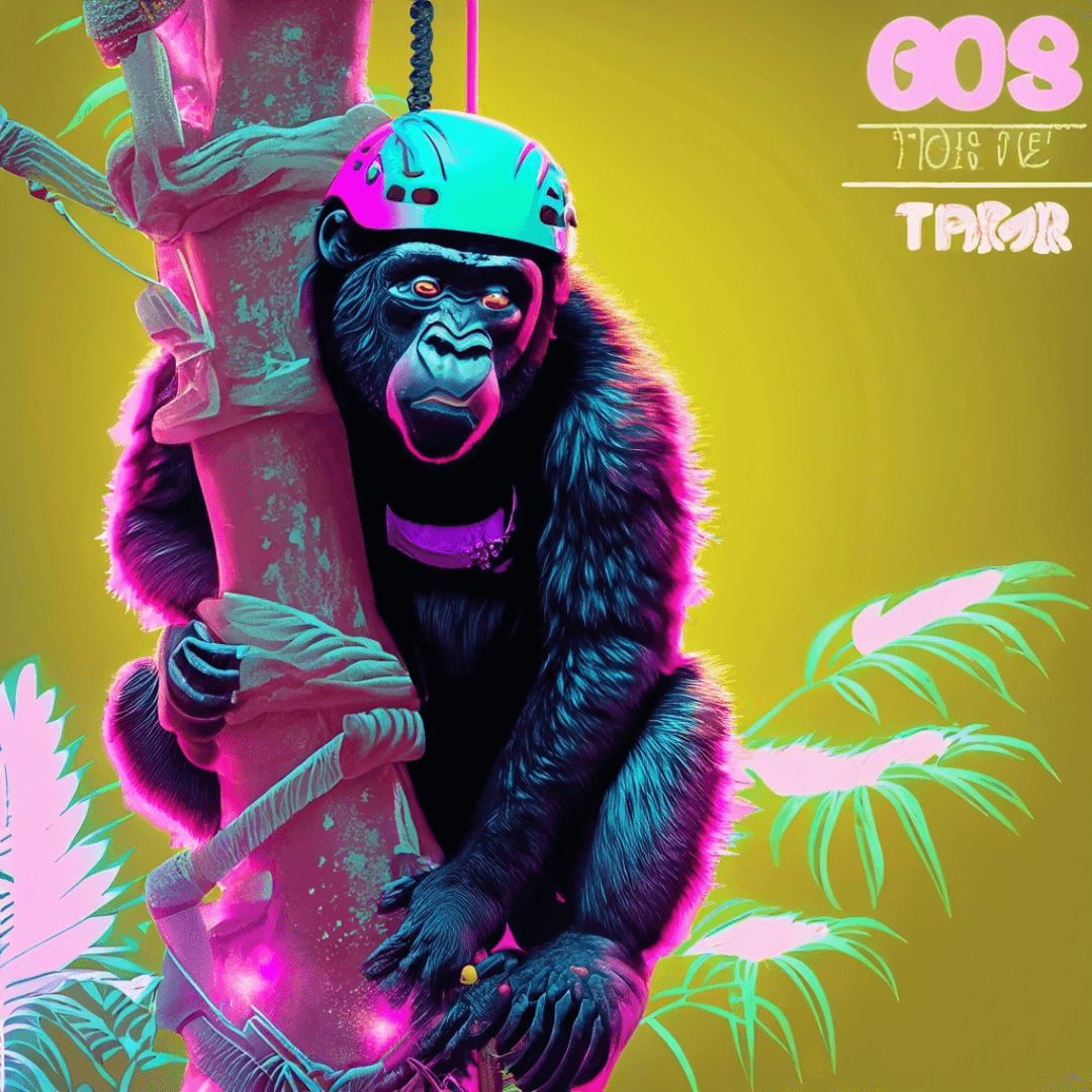 chimp climbing tree wearing helment in neon design ai artwork