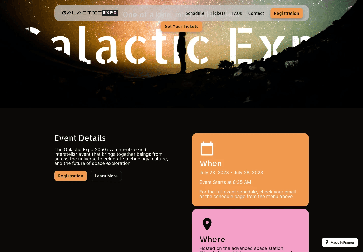 website template design for event space with animations built on framer