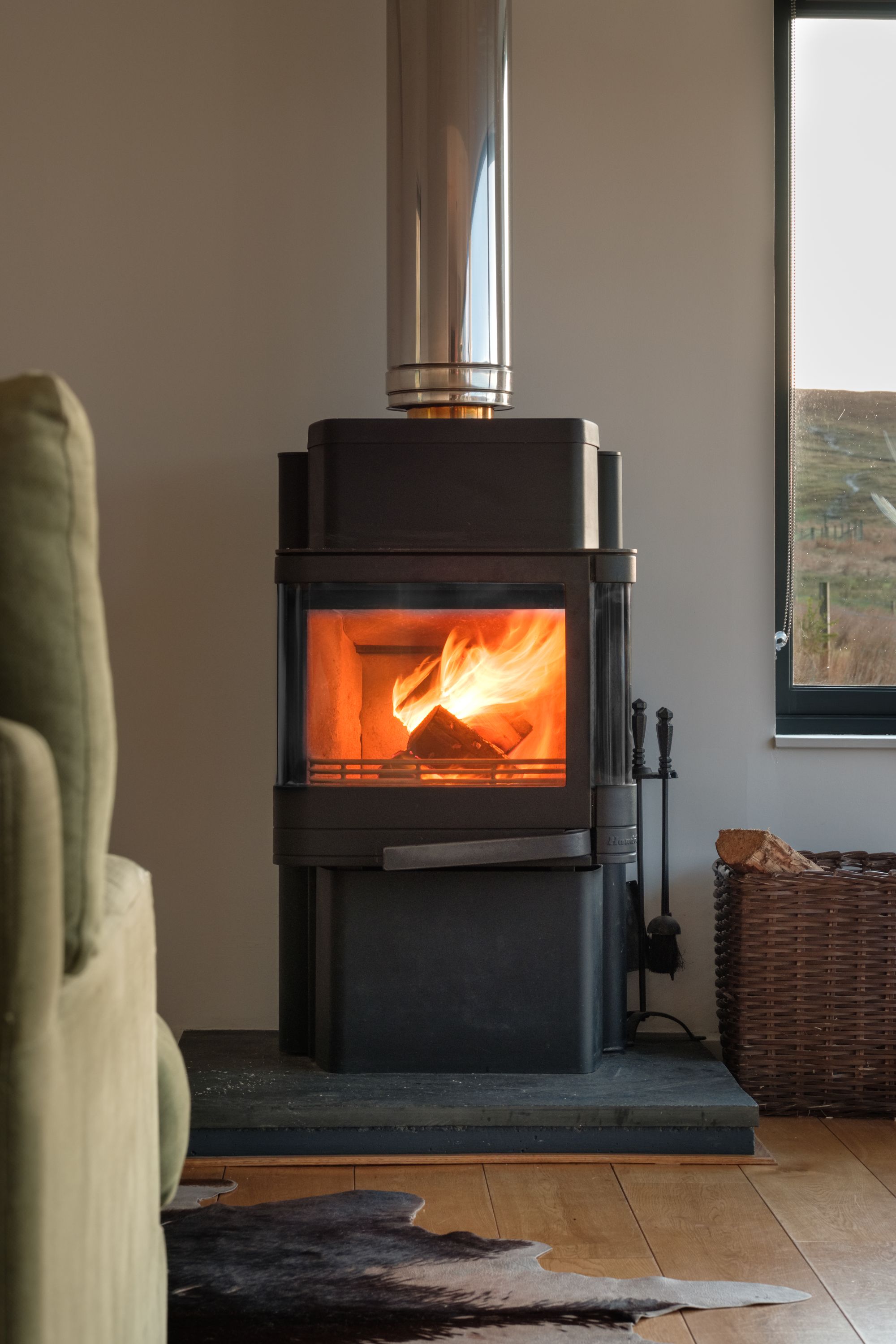 The wood-burning stove at Harlosh Wood h