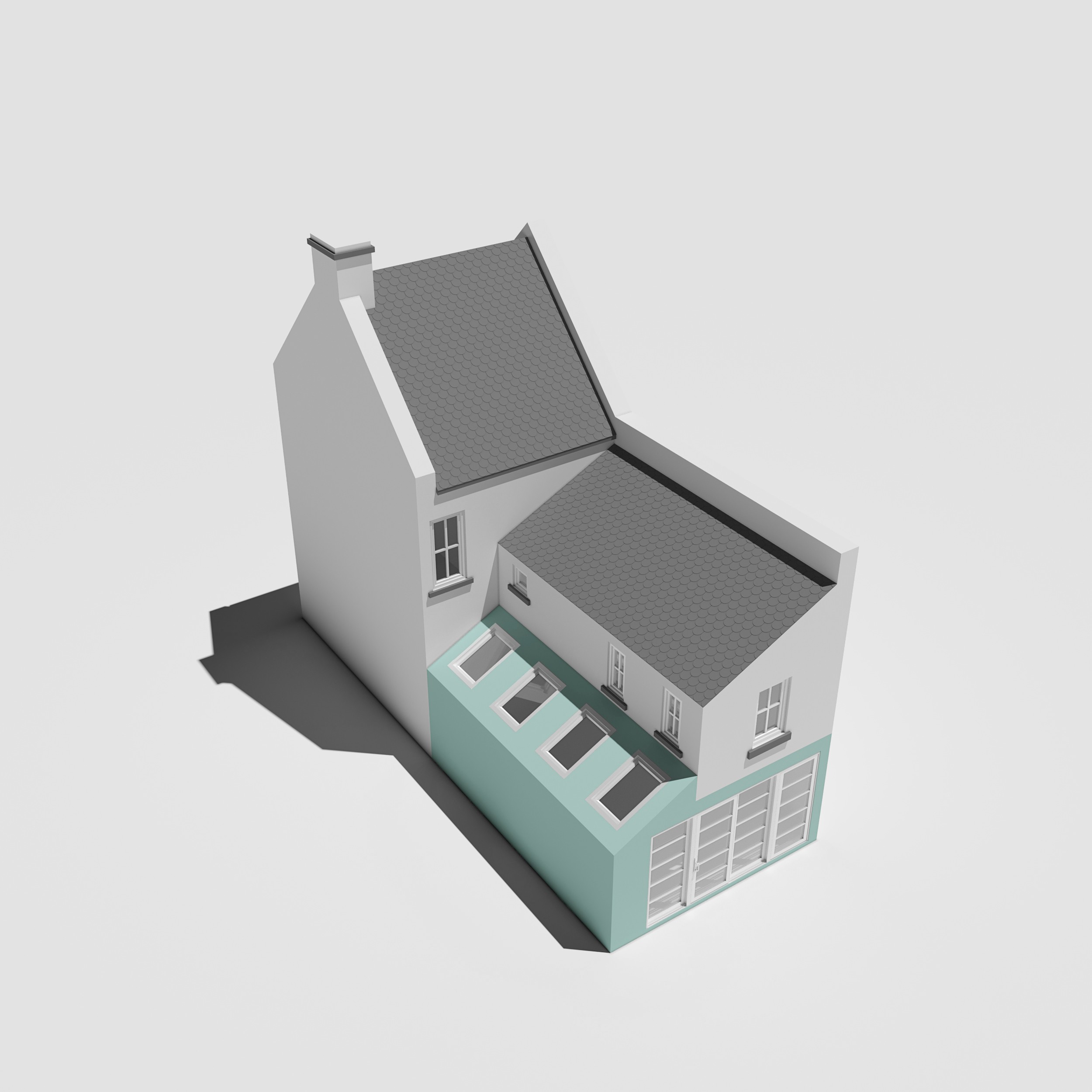 A 3D model of a side return house extension in South East London.	