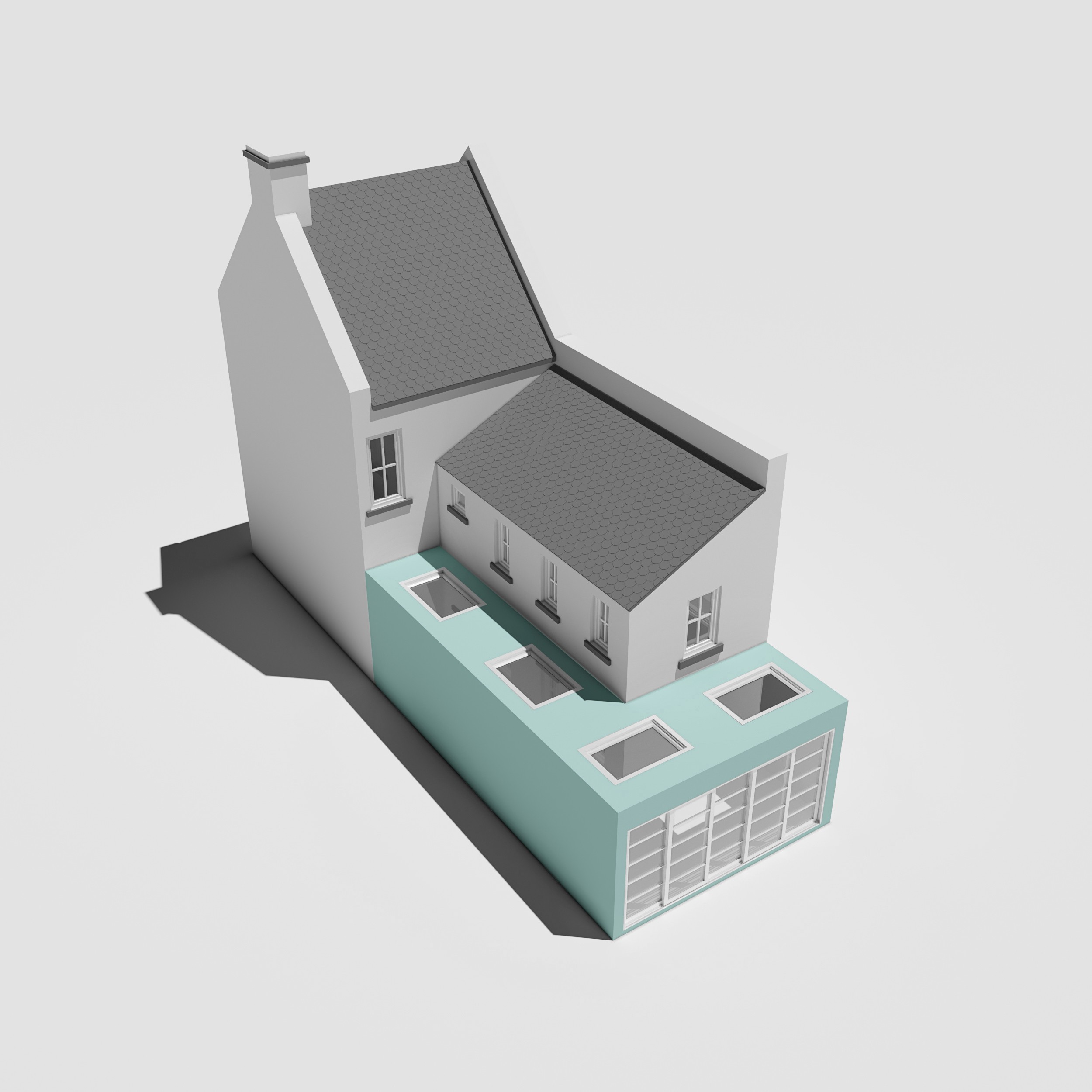 A 3D model of a wraparound house extension with a blue roof in South East London.	