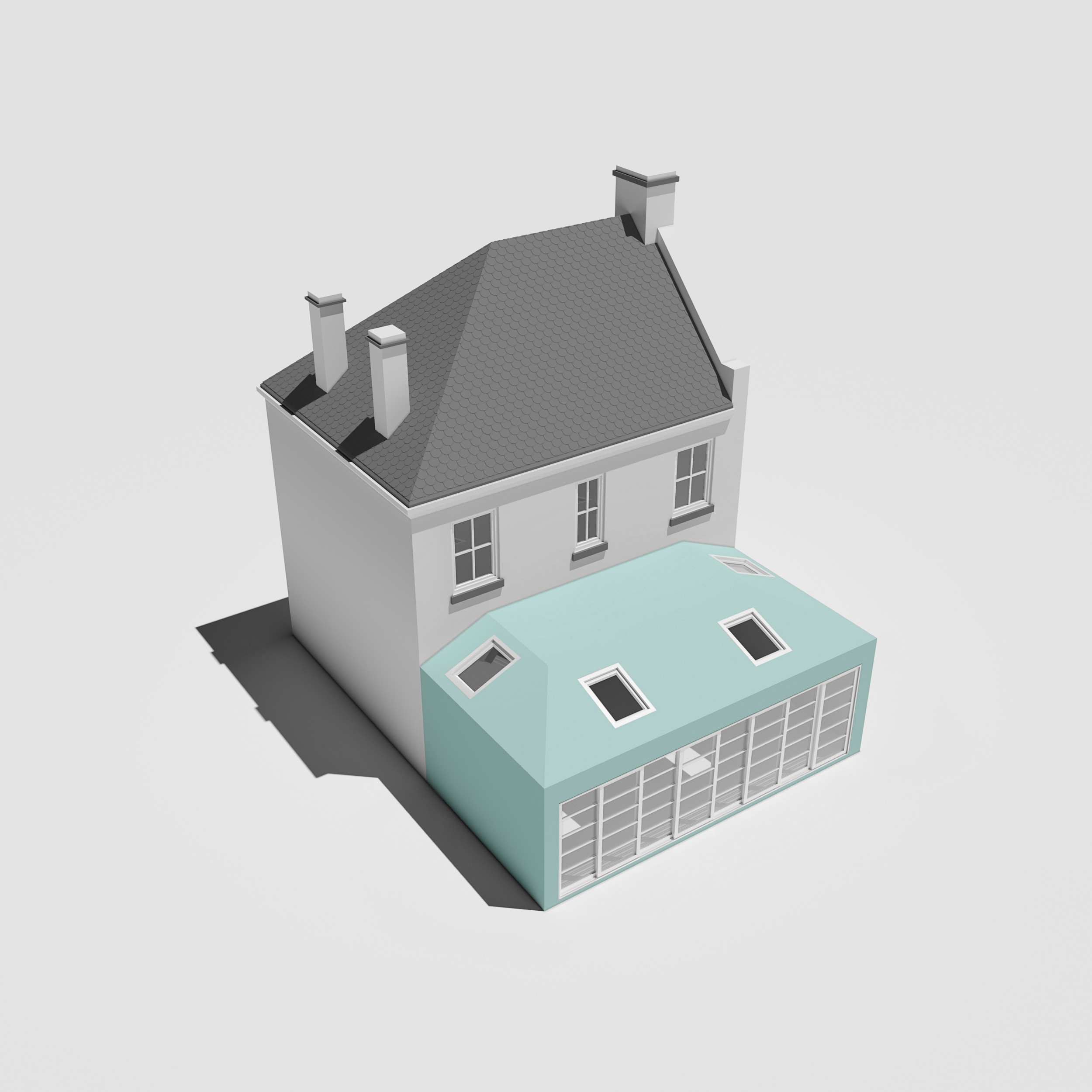 A 3D model of a rear house extension on a house with a blue roof located in South West London.	