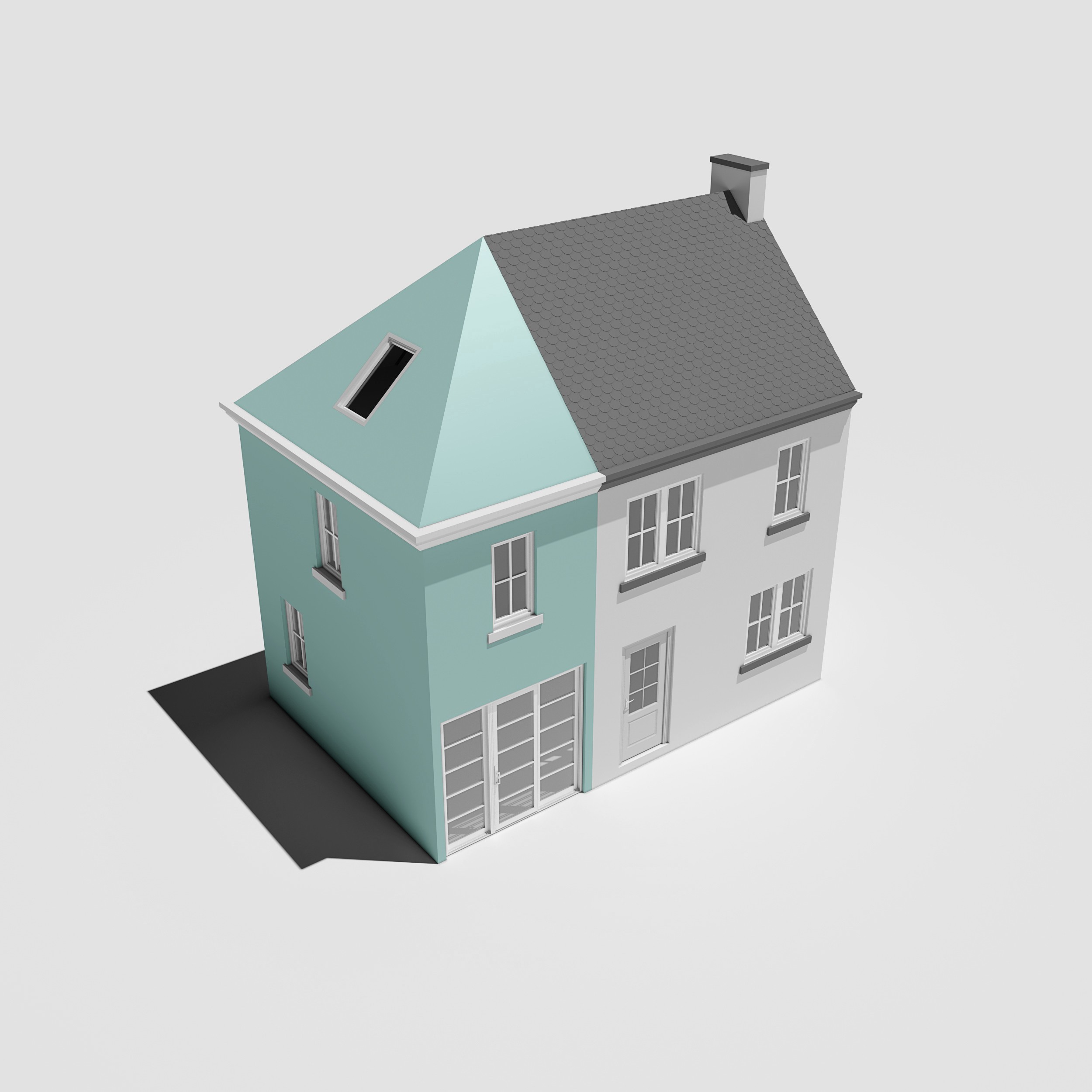 A 3D model of a two storey house extension in South East London on a white background.	